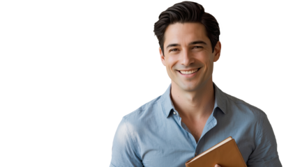 Smiling Businessman Holding a Notebook – Transparent PNG
