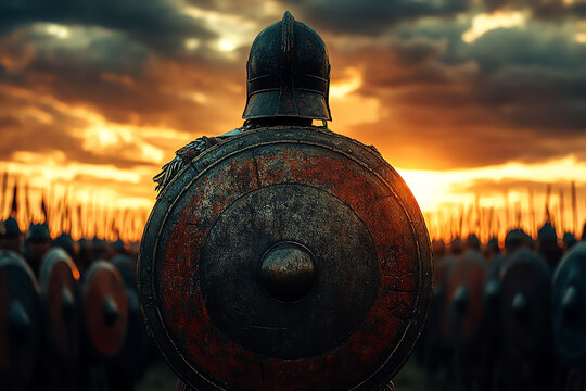 Ancient warrior with shield facing sunset, ready for battle