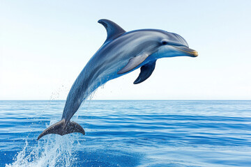 Fototapeta premium A dolphin leaps joyfully out of the crystal clear blue ocean, showcasing its grace and playful nature in a stunning marine scene.