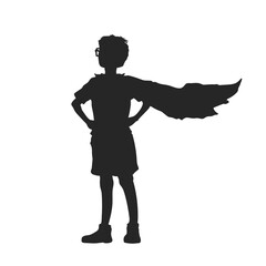 Superhero boy silhouette. Isolated drawing of kid in cloak. Hero child portrait. Leader concept. Brave teenager in epic pose