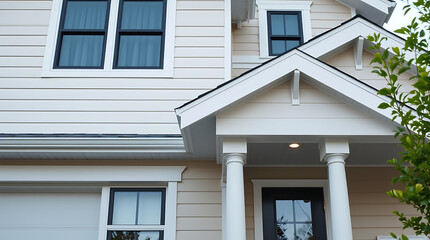 Fototapeta premium Elegant Home Exterior: Modern Architectural Design with Classic Details. Features a charming porch, stylish windows, and a beautiful facade. Ideal for real estate and home design inspiration.