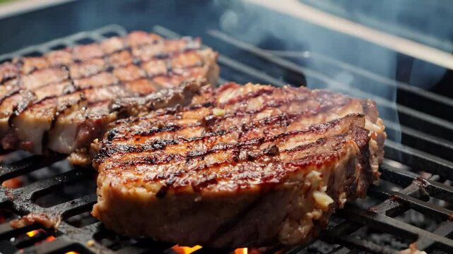 Closeup of  a Chef cooking a delicious grilled meats on a big BBQ grill. Cook beff meat. Food cooked with grilling barbecue in backyard of house. Generative AI
