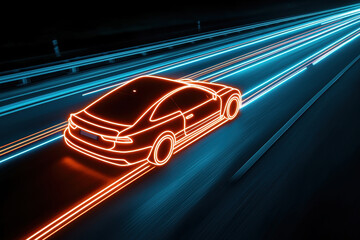 Naklejka premium A glowing outline of a car driving at night on a lit highway, showcasing speed and technology.