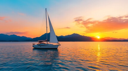 Sunset sailboat cruise, mountain backdrop. Travel, vacation imagery