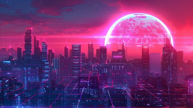 Cyberpunk Cityscape with Giant Pink Moon