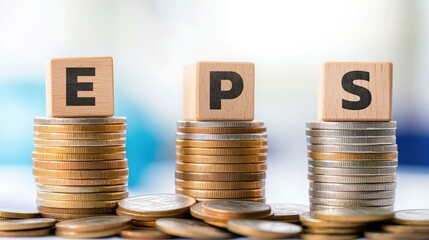 Financial growth represented by coins stacked with blocks spelling EPS, showcasing the significance of earnings per share in evaluating company performance and investment opportunities effectively.