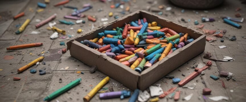 A box of broken crayons with some still intact amidst the fragments, playful ruin, colorful fragments, broken color