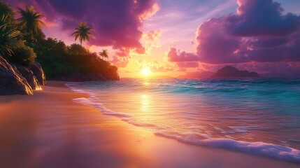 Breathtaking tropical sunset over pristine beach with vibrant sky and tranquil waves