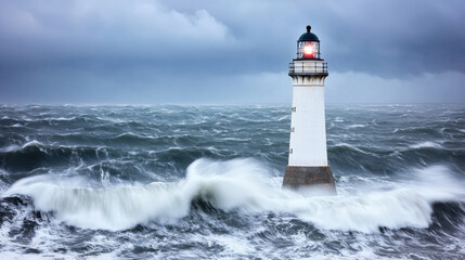 Obraz premium A lighthouse stands resilient amidst raging waves and stormy skies, symbolizing guidance.