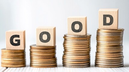 Stacked coins with wooden blocks spelling the word GOOD illustrate financial growth, stability, and positive investment opportunities in a thriving economy; a concept of success and prosperity.