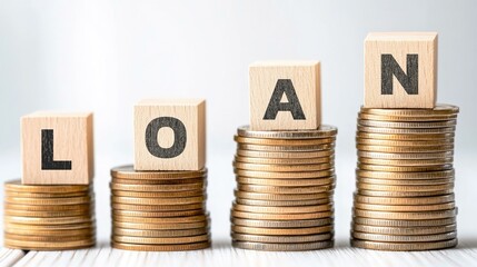 Stacks of coins with wooden blocks spelling LOAN represent financial lending and borrowing practices, illustrating concepts of credit, interest rates, and personal finance management in an economy.
