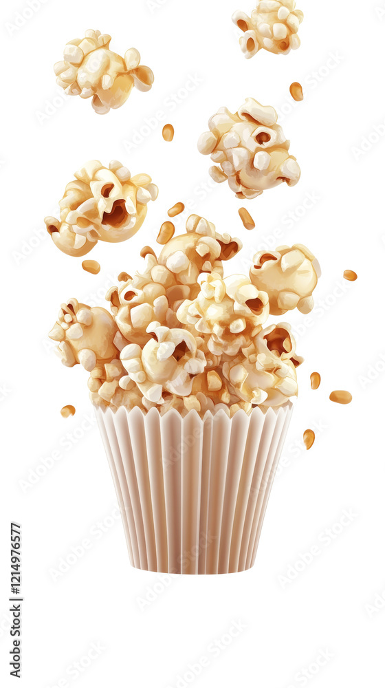 Poster a cupcake liner overflowing with delicious caramel popcorn pieces, some floating in the air.