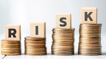 Understanding the Concept of Risk in Financial Investments Through Stacked Coins and Letter Blocks Representing Risk Levels and Financial Strategies
