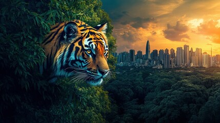 photographic hdr image of A vibrant scene of a Tiger emerging from a dense forest on the left, transitioning into a modern cityscape on the right, with a glowing sunrise behind,