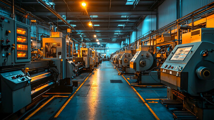 Naklejka premium Inside a factory where machines are running, accompanied by bright lights and the sounds of machinery. The workspace is spotless and methodically arranged.
