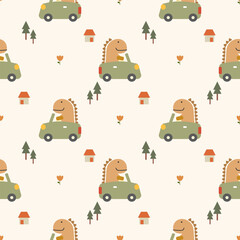 Obraz premium Dinosaur drive car cartoon so cute. On house tree flower background. Pattern seamless vector illustration. 