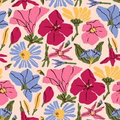 Abstract dry plants. Pressed summer flowers. Various Herbarium branches, Flowers and Leaves. Cartoon style. Hand drawn modern Vector illustration. Square seamless Pattern. Floral, botanical concept