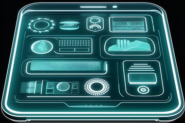 Obraz premium Futuristic teal interface on a transparent smartphone.