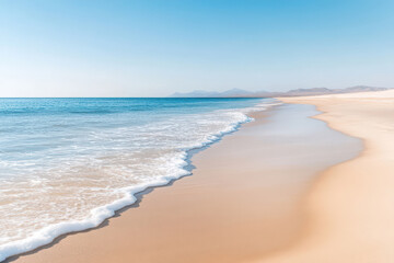 Fototapeta premium A serene beach scene with soft waves lapping at the shore under a clear blue sky, perfect for relaxation and tranquility.