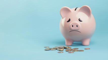 A sad pink piggy bank surrounded by scattered coins, representing financial difficulties and the necessity of saving money.