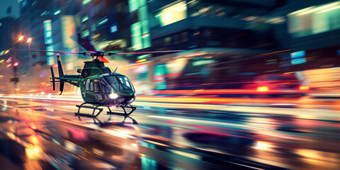 Abstract helicopter flies through the night city among city streets and blurred lights. Beautiful digital wallpaper for your template.