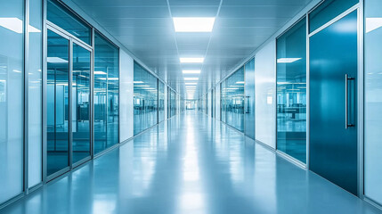 A long white office corridor with stainless steel doors and glass walls under bright ceiling lighting showcasing a minimalist, industrial building or data center with a modern and empty ambiance

