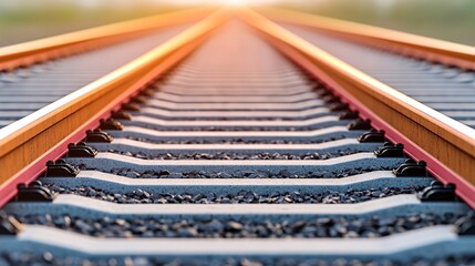 Railroad tracks converging at sunset, journey ahead, travel concept