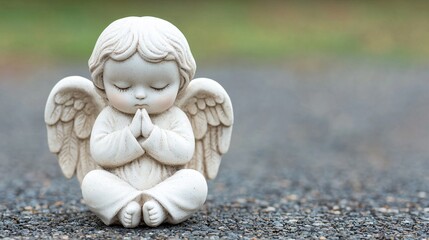 Praying angel statue, outdoor setting, blurred background, peaceful scene, faith