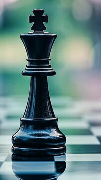 Black king piece stands tall on a chessboard in a serene outdoor setting during daylight