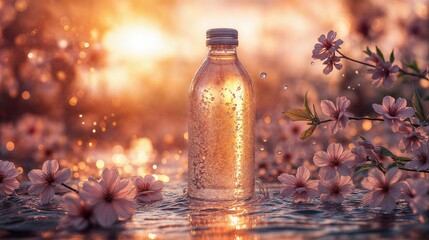 a transparent glass bottle of spring water floating amidst splashing water and glowing pastel...