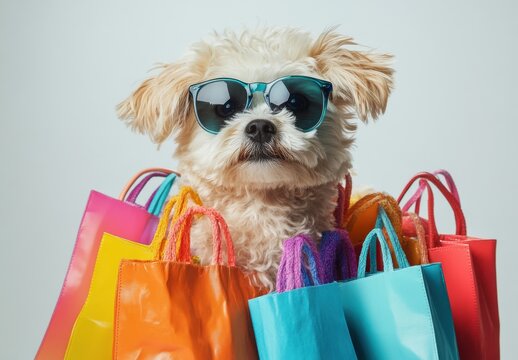 Adorable dog wearing stylish sunglasses surrounded by colorful shopping bags, exuding charm and personality while ready for a fun shopping adventure in a vibrant setting.