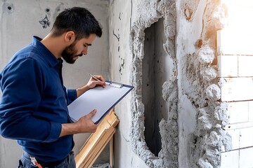 Contractor inspecting damage to a wall