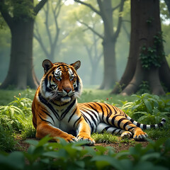 Fototapeta premium Malayan tiger laying in the forest, showcasing its beautiful orange fur and black stripes, endangered, wildlife 