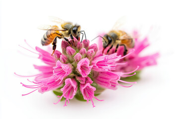 Bees pollinating vibrant pink flowers in a delicate nature scene.