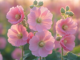 A field of pink hollyhocks in full bloom at golden hour creating a peaceful scene