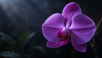 Stunning close-up of a pink orchid with soft lighting against a dark background