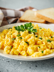 Scrambled Eggs and Juice Delicious Breakfast Meal with Toast and Fresh Ingredients