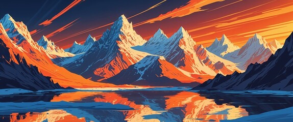 Icy peaks reflecting warm amber sunset rays illustration background design
