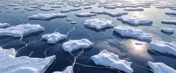 Icy surface with smooth cracks reflecting soft white winter clouds illustration background design