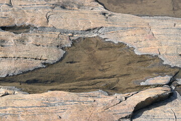 Fototapeta premium Water has collected on the rock's surface. The rock is a brown color and smooth. In hilly areas, during monsoon season, rain water gets collected in these rocks. Small water pond on top of the rock.