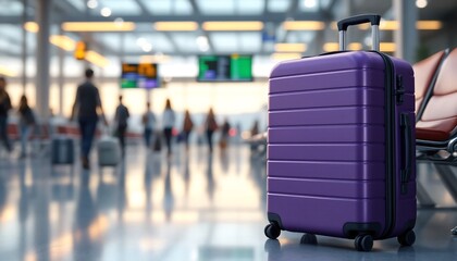 Purple Suitcase in Airport Terminal: Travel, Vacation, Departure