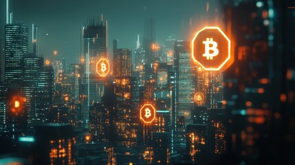 Obraz premium Bitcoin City: A Futuristic Metropolis Illuminated by Cryptocurrency