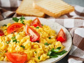 Scrambled Eggs and Juice Delicious Breakfast Meal with Toast and Fresh Ingredients