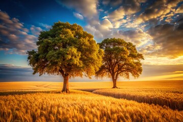 Obraz premium Golden Wheat Field with Two Majestic Trees - Rural Landscape Stock Photo