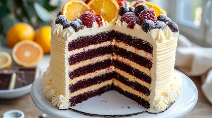 A decadent red velvet cream cake sliced to reveal its intricate layers, topped with fresh berries, orange slices, and greenery on a wooden base, creating a mouthwatering visual.