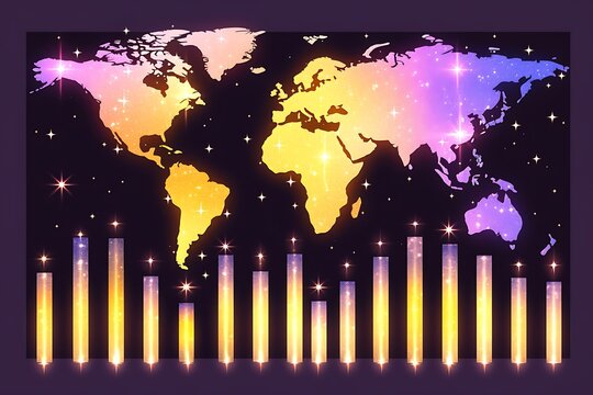 Global network data visualization with glowing bars and world map. - Powered by Adobe
