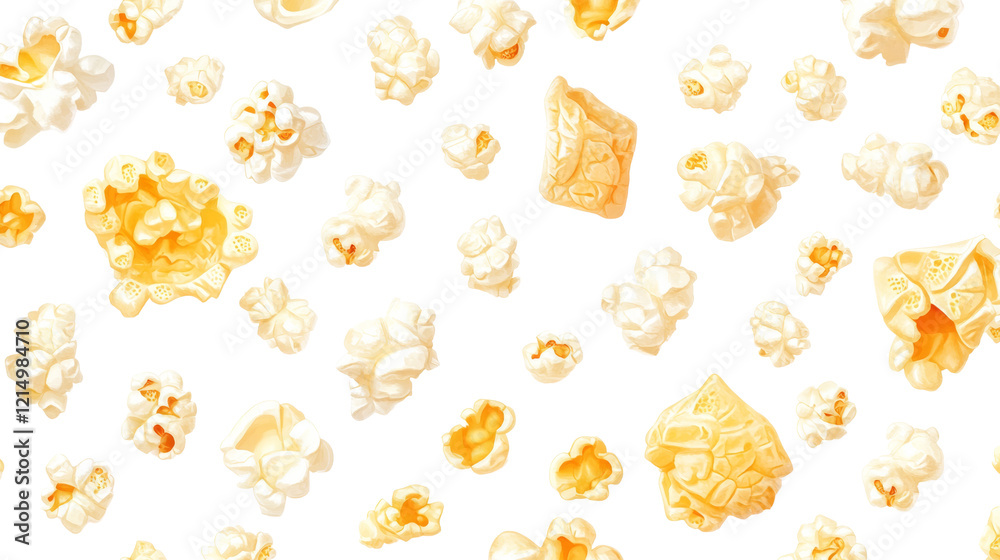 Aufkleber The image shows a pattern of various popcorn pieces floating on a black background, showcasing a range of sizes and textures.