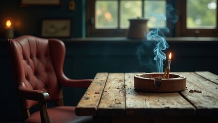 A dimly lit room, featuring a rustic wooden table, a leather armchair, and a wooden ashtray with a burning cigarette and lingering smoke
