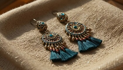 Elegant handmade earrings with turquoise tassels and intricate details placed on a soft fabric
