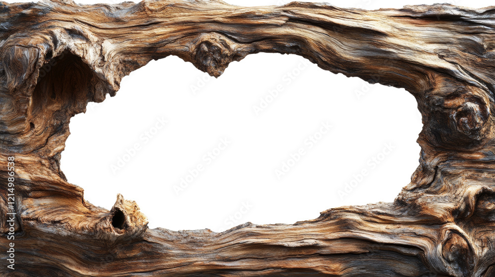 Poster a piece of weathered wood with an irregular hole in the center forms a natural frame.